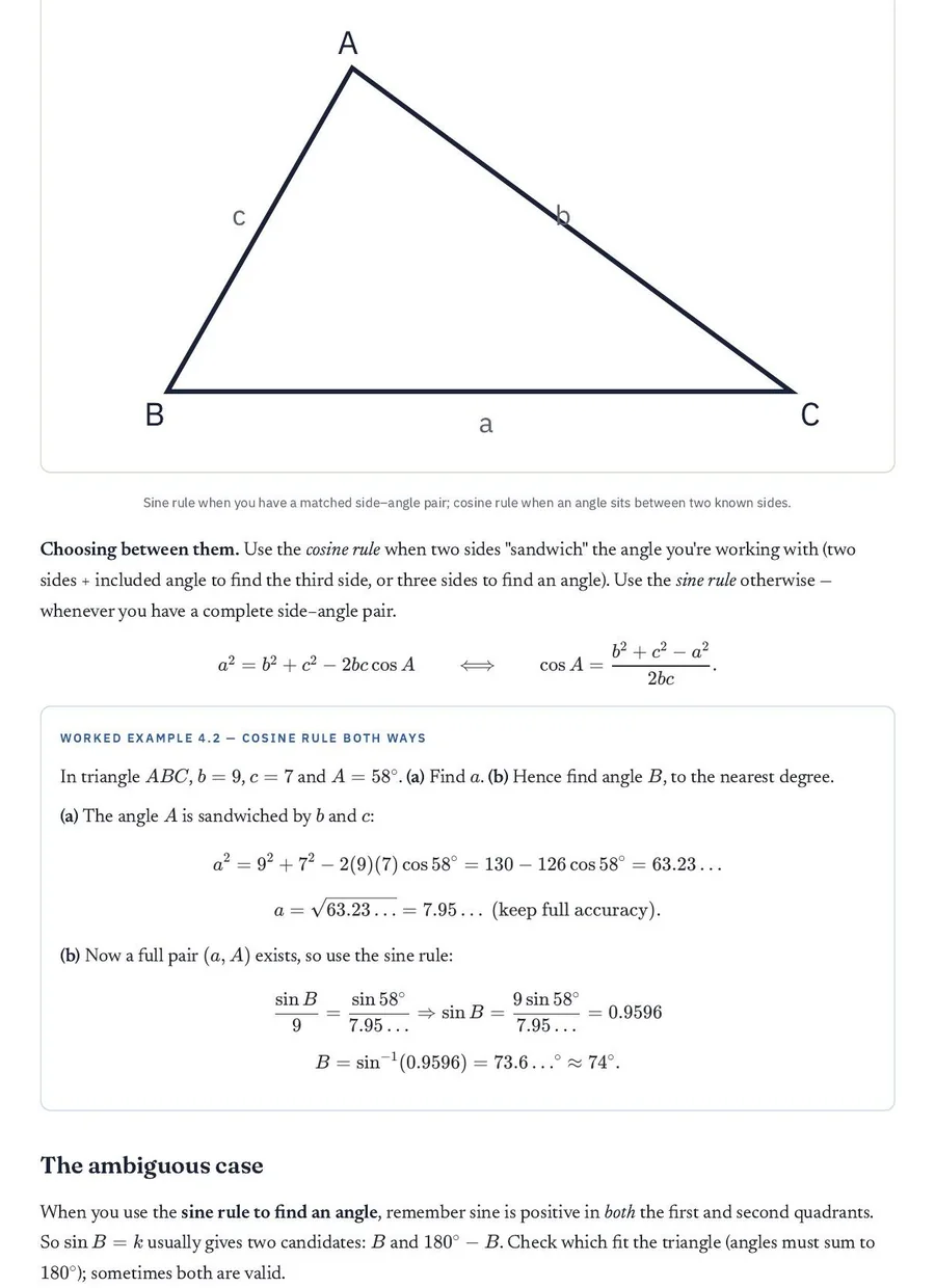 Trigonometry sine and cosine rule worked example from the maths notes